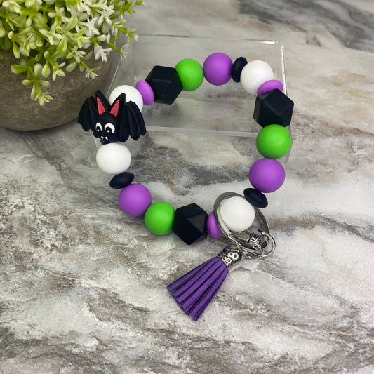Silicone Bracelet Keychain - Green + Purple Bat