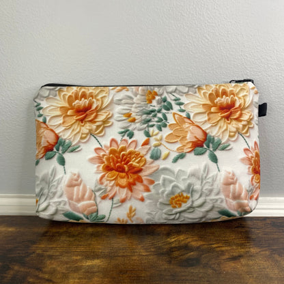 Pouch - Floral, White Peach Embroidery